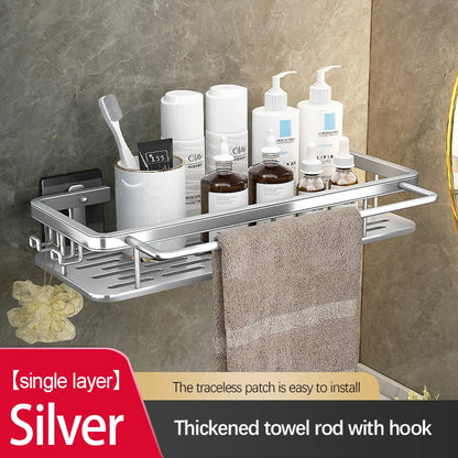 Stainless Steel Bathroom Storage Rack – Wall-Mounted, Anti-Rust Shower Organizer with No-Drill Adhesive Installation