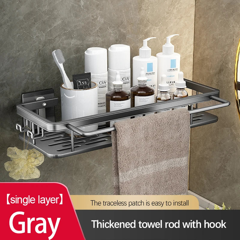 Stainless Steel Bathroom Storage Rack – Wall-Mounted, Anti-Rust Shower Organizer with No-Drill Adhesive Installation