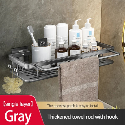 Stainless Steel Bathroom Storage Rack – Wall-Mounted, Anti-Rust Shower Organizer with No-Drill Adhesive Installation