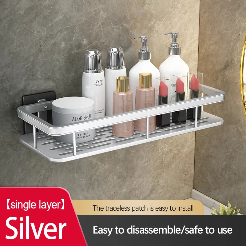 Stainless Steel Bathroom Storage Rack – Wall-Mounted, Anti-Rust Shower Organizer with No-Drill Adhesive Installation