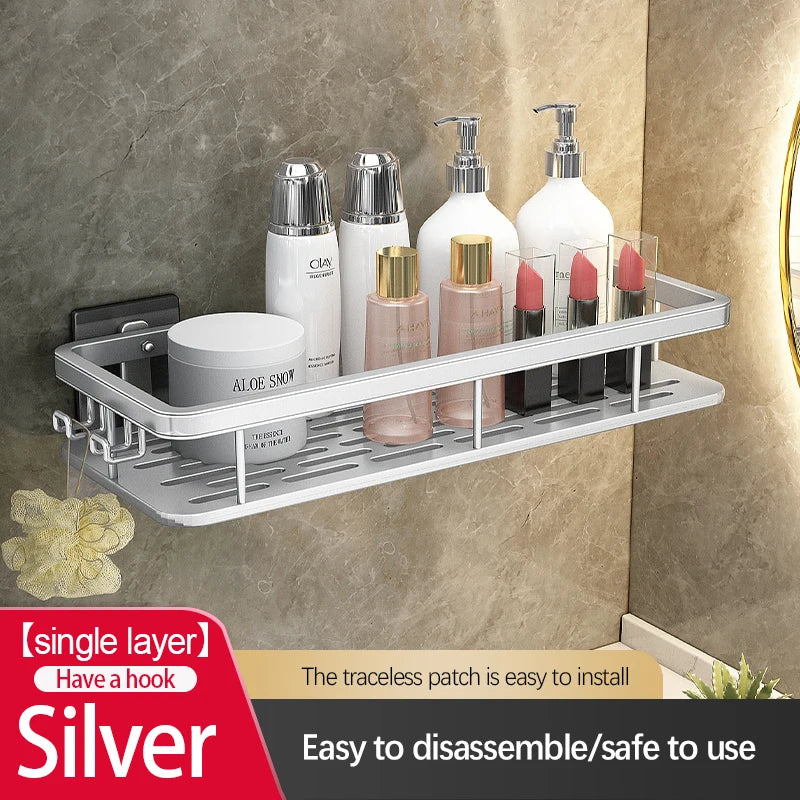 Stainless Steel Bathroom Storage Rack – Wall-Mounted, Anti-Rust Shower Organizer with No-Drill Adhesive Installation