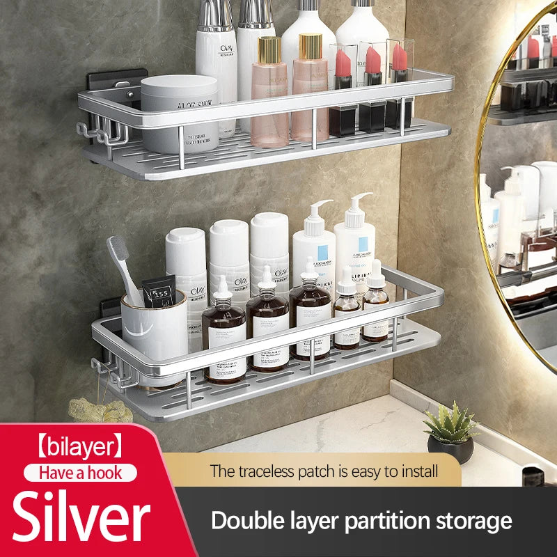 Stainless Steel Bathroom Storage Rack – Wall-Mounted, Anti-Rust Shower Organizer with No-Drill Adhesive Installation