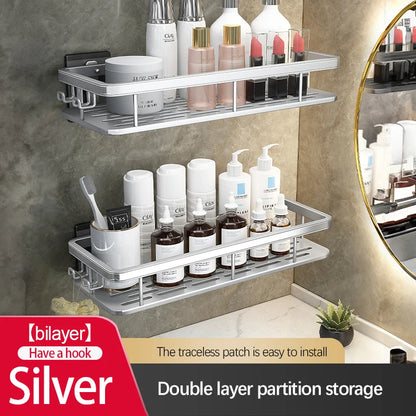 Stainless Steel Bathroom Storage Rack – Wall-Mounted, Anti-Rust Shower Organizer with No-Drill Adhesive Installation