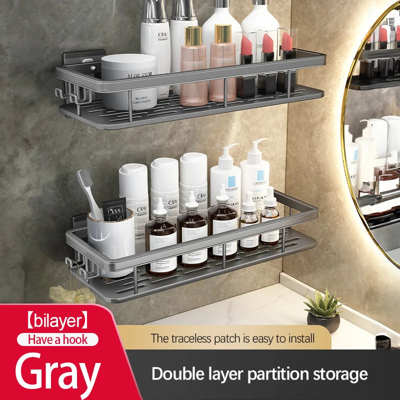 Stainless Steel Bathroom Storage Rack – Wall-Mounted, Anti-Rust Shower Organizer with No-Drill Adhesive Installation