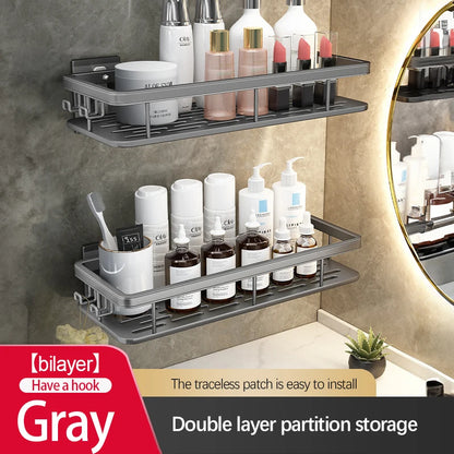 Stainless Steel Bathroom Storage Rack – Wall-Mounted, Anti-Rust Shower Organizer with No-Drill Adhesive Installation