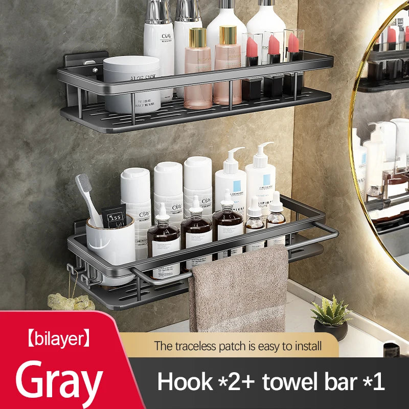 Stainless Steel Bathroom Storage Rack – Wall-Mounted, Anti-Rust Shower Organizer with No-Drill Adhesive Installation
