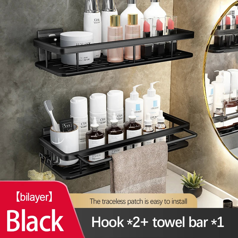 Stainless Steel Bathroom Storage Rack – Wall-Mounted, Anti-Rust Shower Organizer with No-Drill Adhesive Installation