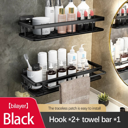 Stainless Steel Bathroom Storage Rack – Wall-Mounted, Anti-Rust Shower Organizer with No-Drill Adhesive Installation