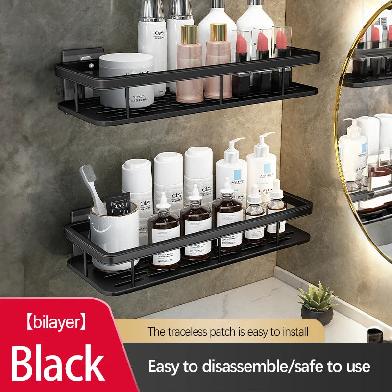 Stainless Steel Bathroom Storage Rack – Wall-Mounted, Anti-Rust Shower Organizer with No-Drill Adhesive Installation