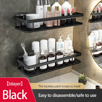 Stainless Steel Bathroom Storage Rack – Wall-Mounted, Anti-Rust Shower Organizer with No-Drill Adhesive Installation