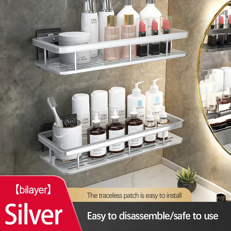 Stainless Steel Bathroom Storage Rack – Wall-Mounted, Anti-Rust Shower Organizer with No-Drill Adhesive Installation