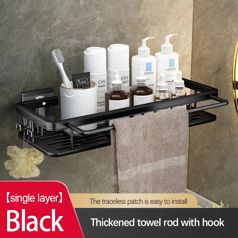 Stainless Steel Bathroom Storage Rack – Wall-Mounted, Anti-Rust Shower Organizer with No-Drill Adhesive Installation