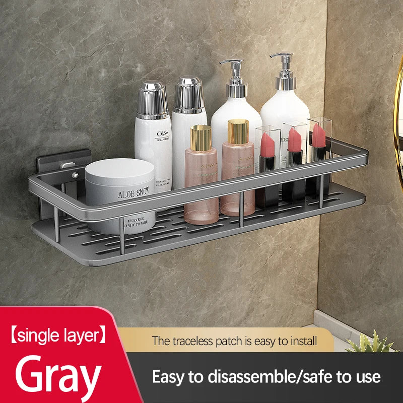 Stainless Steel Bathroom Storage Rack – Wall-Mounted, Anti-Rust Shower Organizer with No-Drill Adhesive Installation