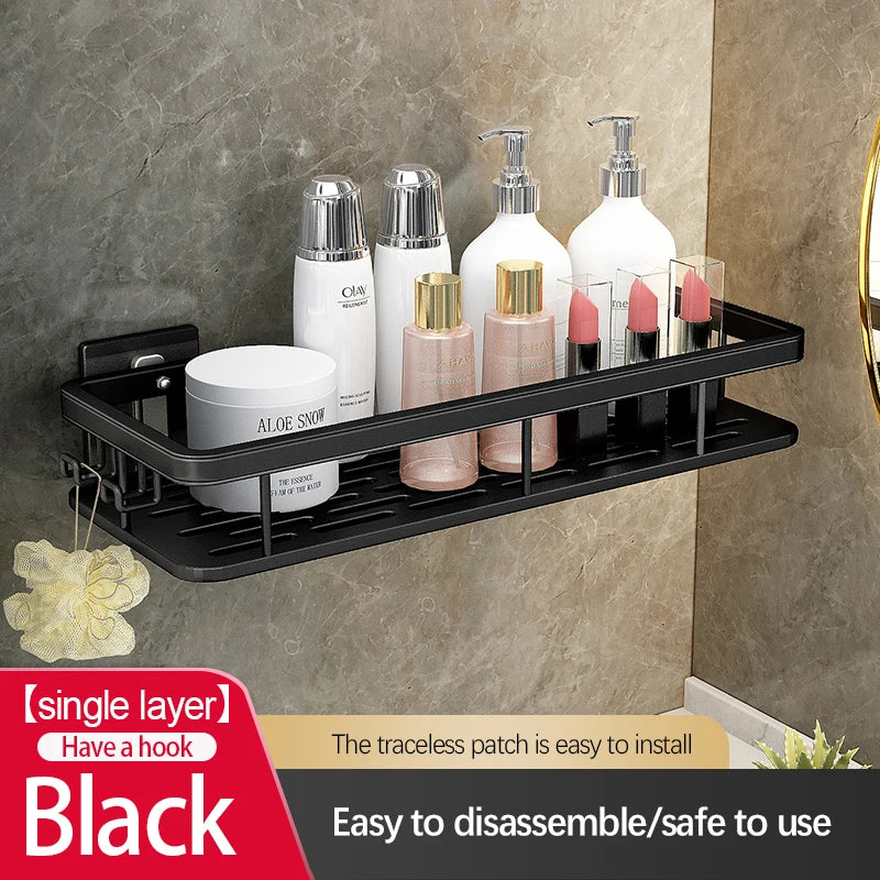 Stainless Steel Bathroom Storage Rack – Wall-Mounted, Anti-Rust Shower Organizer with No-Drill Adhesive Installation