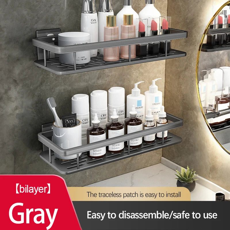 Stainless Steel Bathroom Storage Rack – Wall-Mounted, Anti-Rust Shower Organizer with No-Drill Adhesive Installation