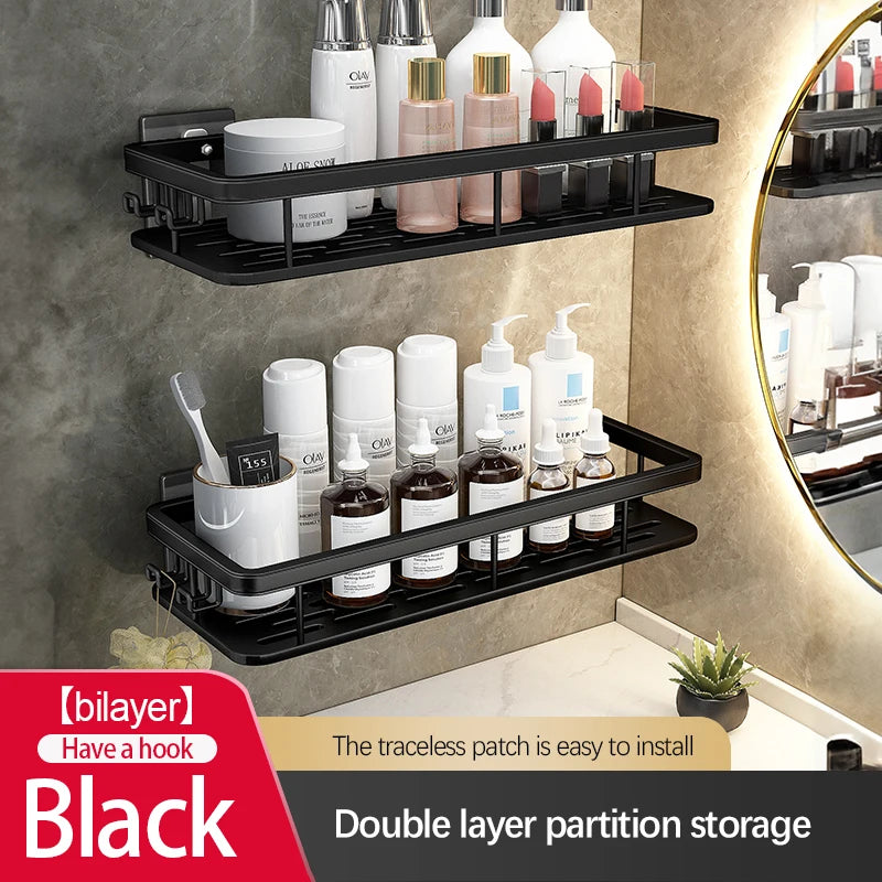 Stainless Steel Bathroom Storage Rack – Wall-Mounted, Anti-Rust Shower Organizer with No-Drill Adhesive Installation