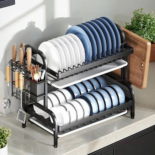Two-Tier Compact Dish Drying Rack with Draining Board and Utensil Holder Rust-Proof Kitchen Dish Drainer For Narrow Spaces