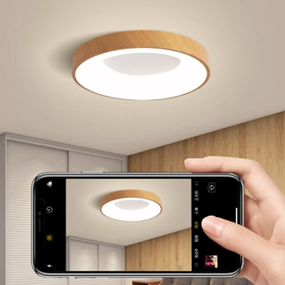 Ultra‑Thin Modern LED Ceiling Light – Wood Grain Effect Round Slimline Style Nordic Lighting for Bedrooms, Living Rooms & Study Spaces