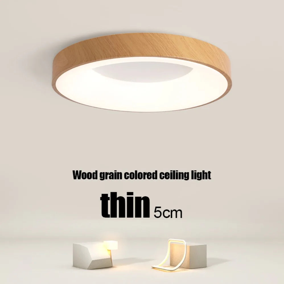 Ultra‑Thin Modern LED Ceiling Light – Wood Grain Effect Round Slimline Style Nordic Lighting for Bedrooms, Living Rooms &amp; Study Spaces