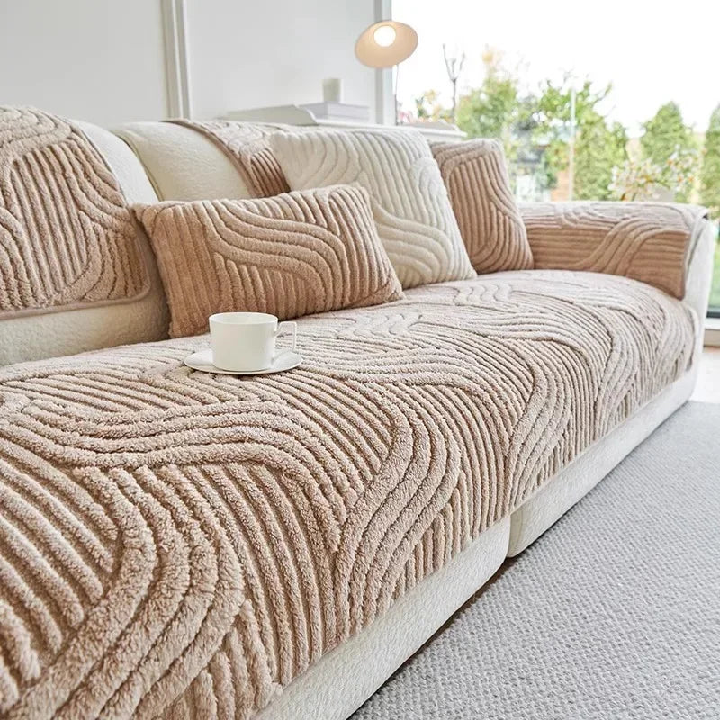 Wave Striped Thick Plush Sofa Cover – Solid‑Colour Non‑Slip Couch Blanket Stylish Sofa Throw For Living Room Furniture Protection