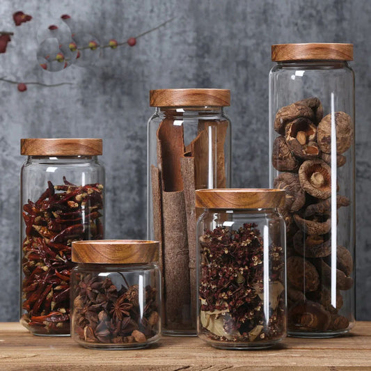 Airtight Food Storage Glass Jars With Bamboo Lid Stylish & Practical Jars For Storing Coffees Tea Leaves Grains Beans Spices Herbs etc