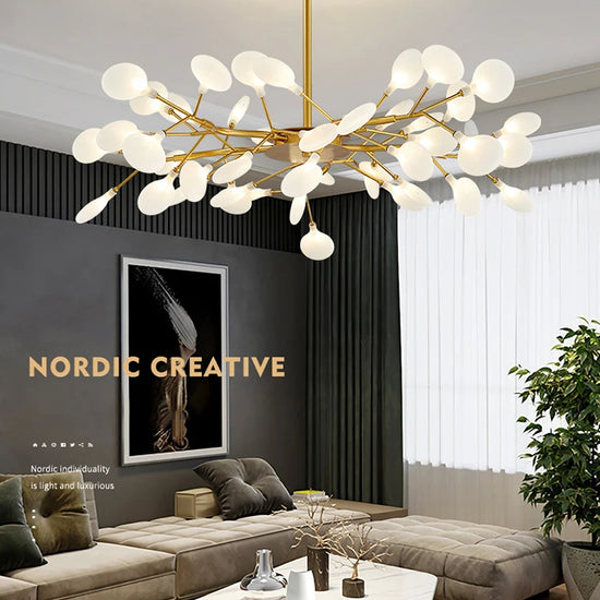 Modern Luxury Golden White LED Chandelier Ceiling Light Statement Piece - Sculptured Organic Branches Design With White Petal Lights
