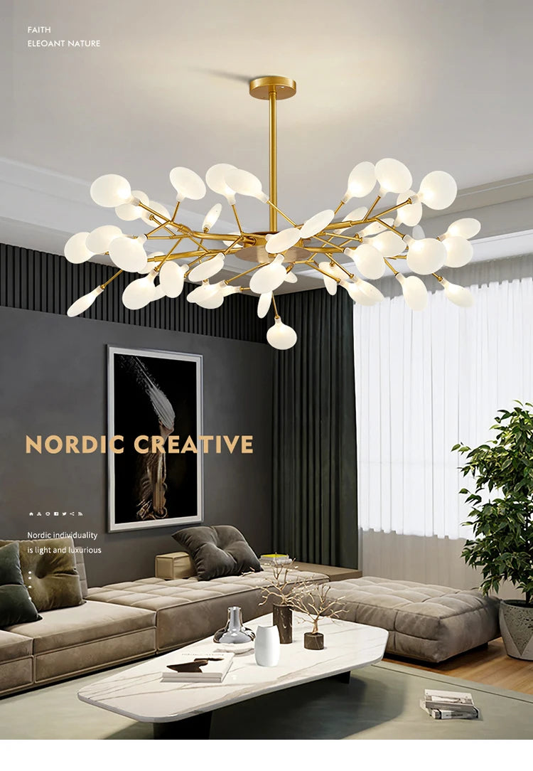 Modern Luxury Golden White LED Chandelier Ceiling Light Statement Piece - Sculptured Organic Branches Design With White Petal Lights