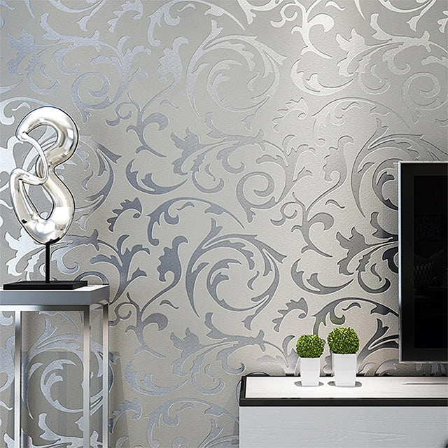 3D Embossed Vintage Damask Silver Gray Wallpaper Retro Victorian Home Decor Silver Floral Luxury Modern Wall Coverings