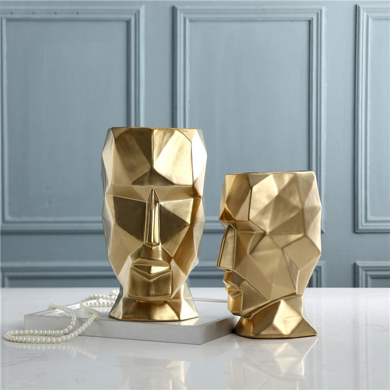 Abstract Geometric Golden Head Figurines Nordic Style Ceramic Vase For Tabletop Decoration Ornamental Figurine Crafts For Modern Home Interior Decoration