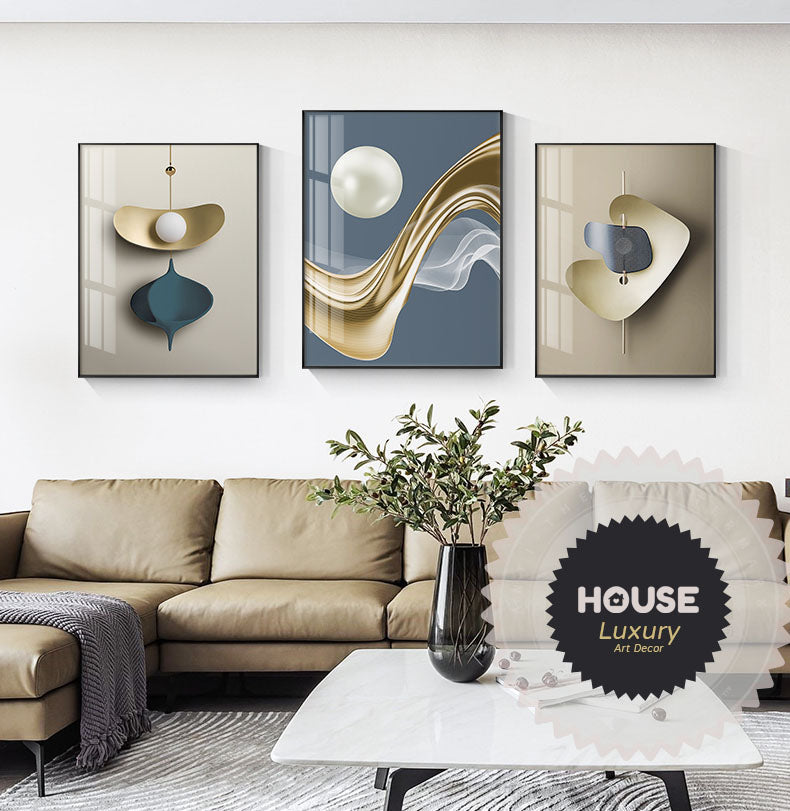 Abstract Minimalist Architectural Inspiration Wall Art Fine Art Canvas Prints Golden Blue Beige Pictures For Luxury Living Room Contemporary Home Office Decor