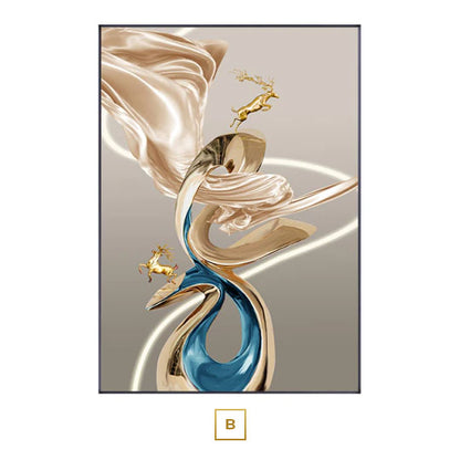 Auspicious Golden Deer Abstract Flowing Wall Art Fine Art Canvas Print Modern Art For Luxury Living Room Bedroom Boutique Hotel Home Office Decor