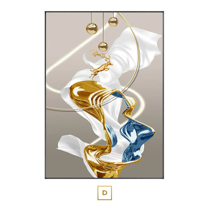 Auspicious Golden Deer Abstract Flowing Wall Art Fine Art Canvas Print Modern Art For Luxury Living Room Bedroom Boutique Hotel Home Office Decor
