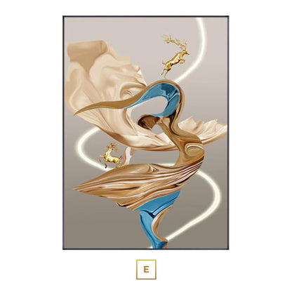 Auspicious Golden Deer Abstract Flowing Wall Art Fine Art Canvas Print Modern Art For Luxury Living Room Bedroom Boutique Hotel Home Office Decor