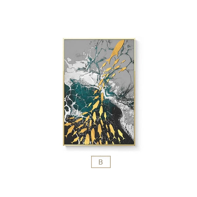 Auspicious Abstract Wall Art Golden Fish Deep Blue Green Sea Fine Art Canvas Prints Luxury Wall Art Pictures for Home Office Decor