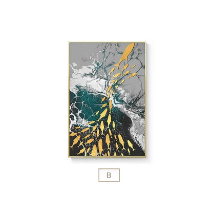Auspicious Abstract Wall Art Golden Fish Deep Blue Green Sea Fine Art Canvas Prints Luxury Wall Art Pictures for Home Office Decor