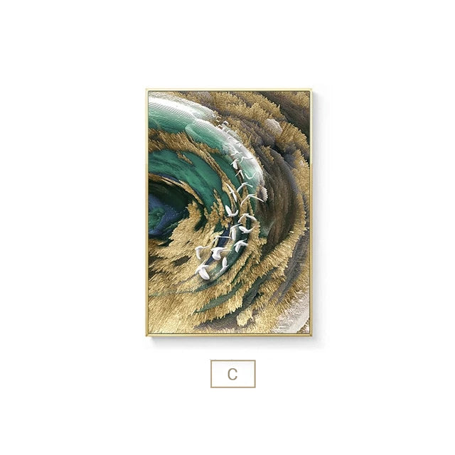 Auspicious Abstract Wall Art Golden Fish Deep Blue Green Sea Fine Art Canvas Prints Luxury Wall Art Pictures for Home Office Decor