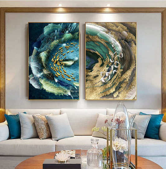 Auspicious Abstract Wall Art Golden Fish Deep Blue Green Sea Fine Art Canvas Prints Luxury Wall Art Pictures for Home Office Decor