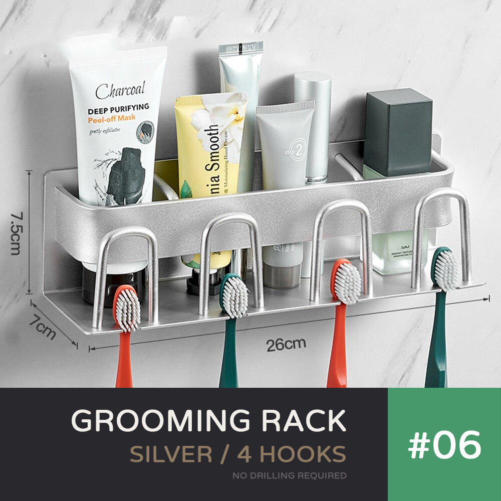 Bathroom Grooming Rack Toothbrush Holder Razor Stand Cosmetics Organizer Shelf Modern Wall Mounted Aluminum Washroom Essentials