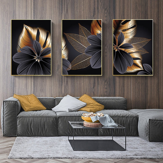 Black Golden Botanic Leaves Wall Art Fine Art Canvas Prints Modern Elegant Pictures For Stylish Living Room Dining Room Home Office Luxury Wall Art Decor