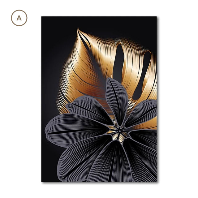 Black Golden Botanic Leaves Wall Art Fine Art Canvas Prints Modern Elegant Pictures For Stylish Living Room Dining Room Home Office Luxury Wall Art Decor