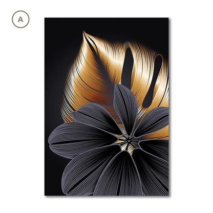 Black Golden Botanic Leaves Wall Art Fine Art Canvas Prints Modern Elegant Pictures For Stylish Living Room Dining Room Home Office Luxury Wall Art Decor