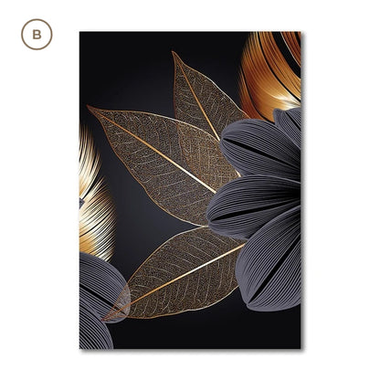 Black Golden Botanic Leaves Wall Art Fine Art Canvas Prints Modern Elegant Pictures For Stylish Living Room Dining Room Home Office Luxury Wall Art Decor