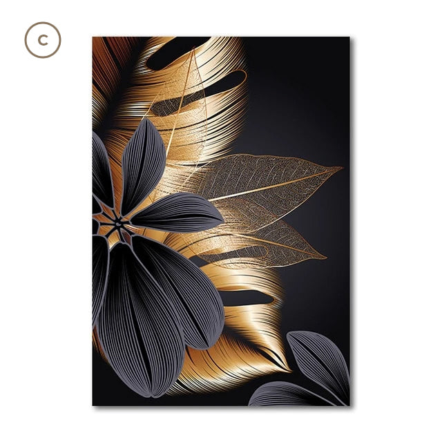 Black Golden Botanic Leaves Wall Art Fine Art Canvas Prints Modern Elegant Pictures For Stylish Living Room Dining Room Home Office Luxury Wall Art Decor