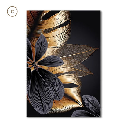 Black Golden Botanic Leaves Wall Art Fine Art Canvas Prints Modern Elegant Pictures For Stylish Living Room Dining Room Home Office Luxury Wall Art Decor