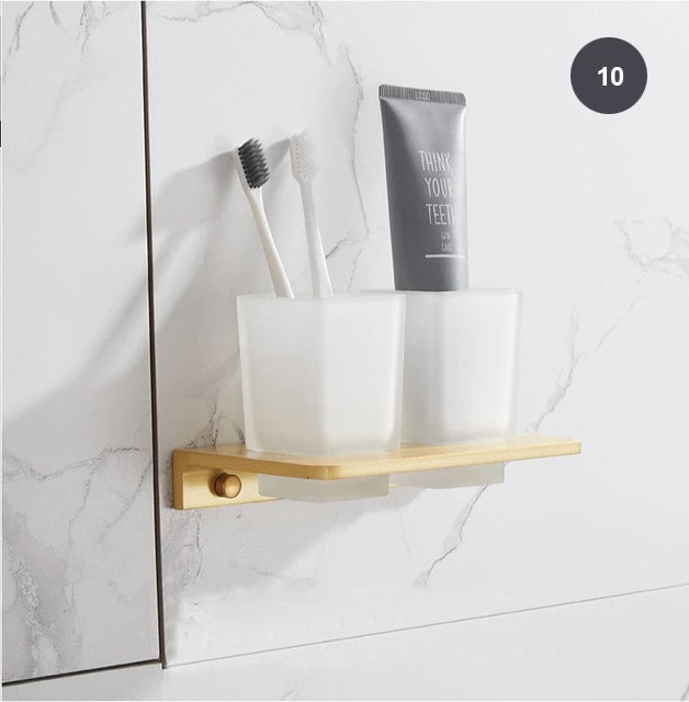 Brushed Gold Bathroom Series Modern Elegant Designer Bathroom Fittings Bathroom Shelf Shower Rack Loo Roll Holder Towel Rack For Washroom Bathroom