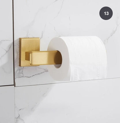 Brushed Gold Bathroom Series Modern Elegant Designer Bathroom Fittings Bathroom Shelf Shower Rack Loo Roll Holder Towel Rack For Washroom Bathroom