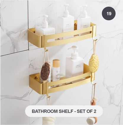 Brushed Gold Bathroom Series Modern Elegant Designer Bathroom Fittings Bathroom Shelf Shower Rack Loo Roll Holder Towel Rack For Washroom Bathroom