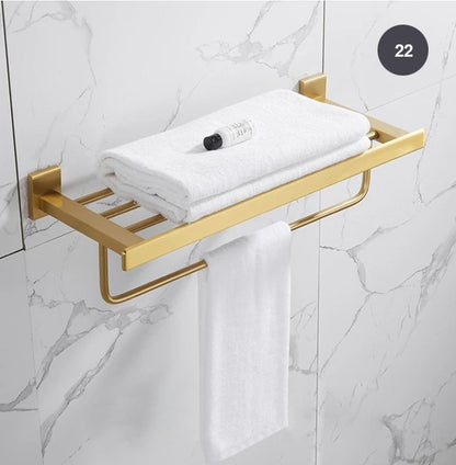 Brushed Gold Bathroom Series Modern Elegant Designer Bathroom Fittings Bathroom Shelf Shower Rack Loo Roll Holder Towel Rack For Washroom Bathroom