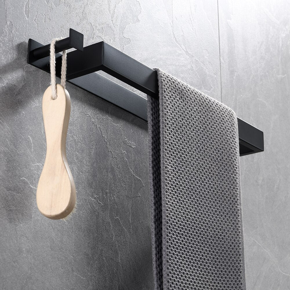Square Design Stainless Steel Contemporary Bathroom Towel Rack Wall Mounted Requires No Drilling 3 Colors Matte Black Chrome & Brushed Nickel