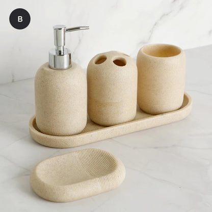 Contemporary Design Bathroom Accessories Liquid Soap Dispenser Toothbrush Holder Hand SoapTray Tumbler Luxury Washroom Set in Granite Gray and Yellow Sand